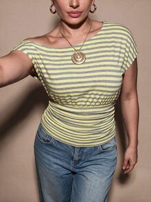 SHEIN BAE CURVE Plus Size Women's Casual Night Out Asymmetrical Shoulder Ruched Waist Textured T-Shirt, Music Festival Daily Wear Top Fall,Thanksgiving,Christmas - Yellow - View 5