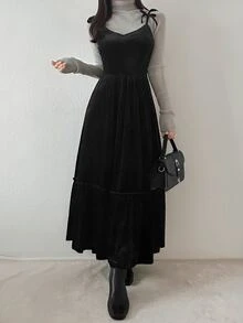 FRIFUL Gaun Berlapis Model Vintage Fashion Wanita dengan Tali Pengikat, Gaya Preppy - Hitam - View 7
