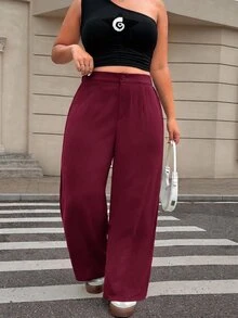 SHEIN EZwear 酒紅色大尺碼女款寬鬆百褶寬腿黑色裙褲，適合畢業季、返校節及秋冬教師穿搭 - 酒紅色 - 查看 3
