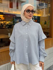 DAZY Autumn Women's Loose Short Button-Down Shirt With Collar, Blue And White Fine Stripes, Fresh Casual Commute Daily Wear - Baby Blue - View 5