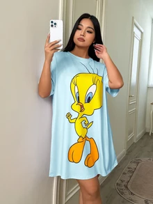 LOONEY TUNES X SHEIN 大尺碼女款圓領落肩休閒睡裙 - 薄荷綠 - 查看 4