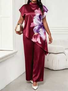 SHEIN Lady Plus Size Women Floral Print Stand Collar Asymmetrical Hem Elegant Blouse - Burgundy - View 5