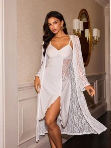 Slumberist Lace Panel Cami Sleep Dress & Robe Pajama Set - White - View 5
