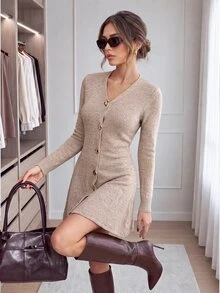 Easowa Women's Solid Color V-Neck Long Sleeve Diamond Button Knit Dress - Khaki - View 1