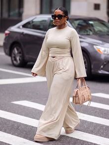 Slaydiva Beige 2 Pieces Set Plus Size Wide Leg Pants Outfit With Draped Batwing Sleeve Top And Criss-Cross Waist Design Wide Leg Long Pants Fall - Apricot - View 8