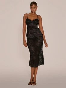 MUSERA Sheer Lace Fitted Low Rise Midi Skirt Sexy Evening Night Going Out Fall Winter Autumn Solitude - Black - View 3