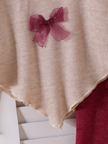 SHEIN 女童2件套，半高領長袖羅紋網紗蝴蝶結上衣 + 純色喇叭褲，柔軟彈性甜美套裝，可愛兒童春秋裝 - 紅色 - 查看 11