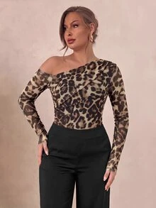 GlowEve CURVE Women's Plus Size Fashion Leopard Print Mesh Cold Shoulder Long Sleeve Bodysuit - Multicolor - View 1