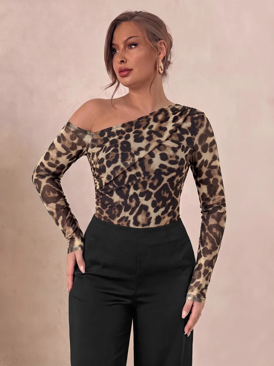 GlowEve CURVE Women's Plus Size Fashion Leopard Print Mesh Cold Shoulder Long Sleeve Bodysuit - Multicolor - View 1