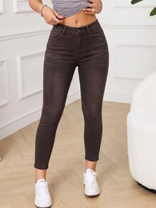 SHEIN PETITE 女款鈕扣半開襟雙口袋修身休閒百搭牛仔褲 - 棕色 - 查看 1