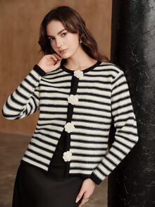 Anewsta Women's Striped Casual Daily Cardigan - Black and White - View 5