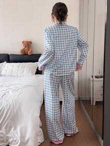 SHEIN Women's Spring/Autumn Loose Sweet Pink & Blue Colorblock Plaid Bow Element Long Sleeve Pajama Set Loungewear - Blue - View 2