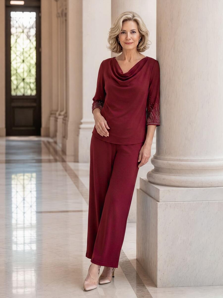 EMERY ROSE Conjunto de top y pantalones para mujer con cuello fruncido y decoración de lentejuelas en color burdeos - Burdeos - Ver 1