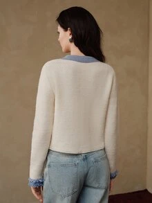 Anewsta Women's Autumn/Winter Knitted Cardigan With Denim Effect Lapel Patchwork Design, Commuter Sweater Jacket - White - View 7