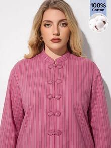 Maija Plus Size Women's Striped Button-Front Long Sleeve Casual Jacket - Pink - View 6