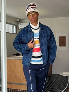 STEELVANCE Men's Mid-Blue Striped Casual Denim Jacket - Medium Wash - View 5