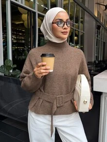 DAZY Women's Solid Color Sweater With Belt, Urban Renaissance Street Style, Casual Fashion, Creative Personalized Streetwear - Khaki - View 7