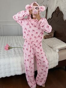 CottageSlumber Women's Pink Bow Hooded Pullover Pajama Set, Soft Plush Loungewear 2 Pieces Set - Pink - View 6