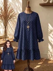 Rusticease 大尺碼女款圓領無袖 A 字裙擺波點洋裝，休閒外出優雅日常穿著時尚洋裝，2026 秋季時尚 - 藏蓝色 - 查看 10