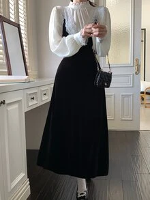 DAZY فستان نسائي من المخمل والدانتيل بتصميم رقعات على الطراز الكوري بطبقات متعددة بطول متوسط، خريف/شتاء - الأسود - مشاهدة 10