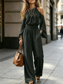 Omancia Women's Cold Shoulder Cinched Waist Daily Jumpsuit - Dark Green - View 5