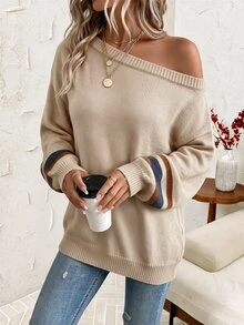 SHEIN Clasi 不對稱肩部泡泡袖優雅毛衣，適合秋冬穿著 - 彩色 - 查看 5