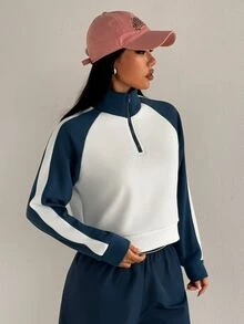 SHEIN Dewbera Women's Sporty Casual Fashion Colorblock Sweatshirt - White - View 3