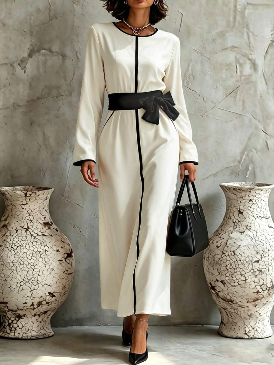 Balvessa Contrast Black Trim Round Neck Straight Long Sleeve Pocket Bowknot Drawstring Elastic Waist Cinched Back Slit Long Dress For Women - Multicolor - View 1