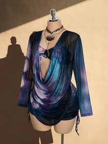 SHEIN ICON 大尺碼 Y2K 復古度假套裝，復古豹紋花卉網格印花套裝，抹胸上衣、抽繩裙、罩衫 3 件套，海灘度假，夏季度假 - 藍色 - 查看 4