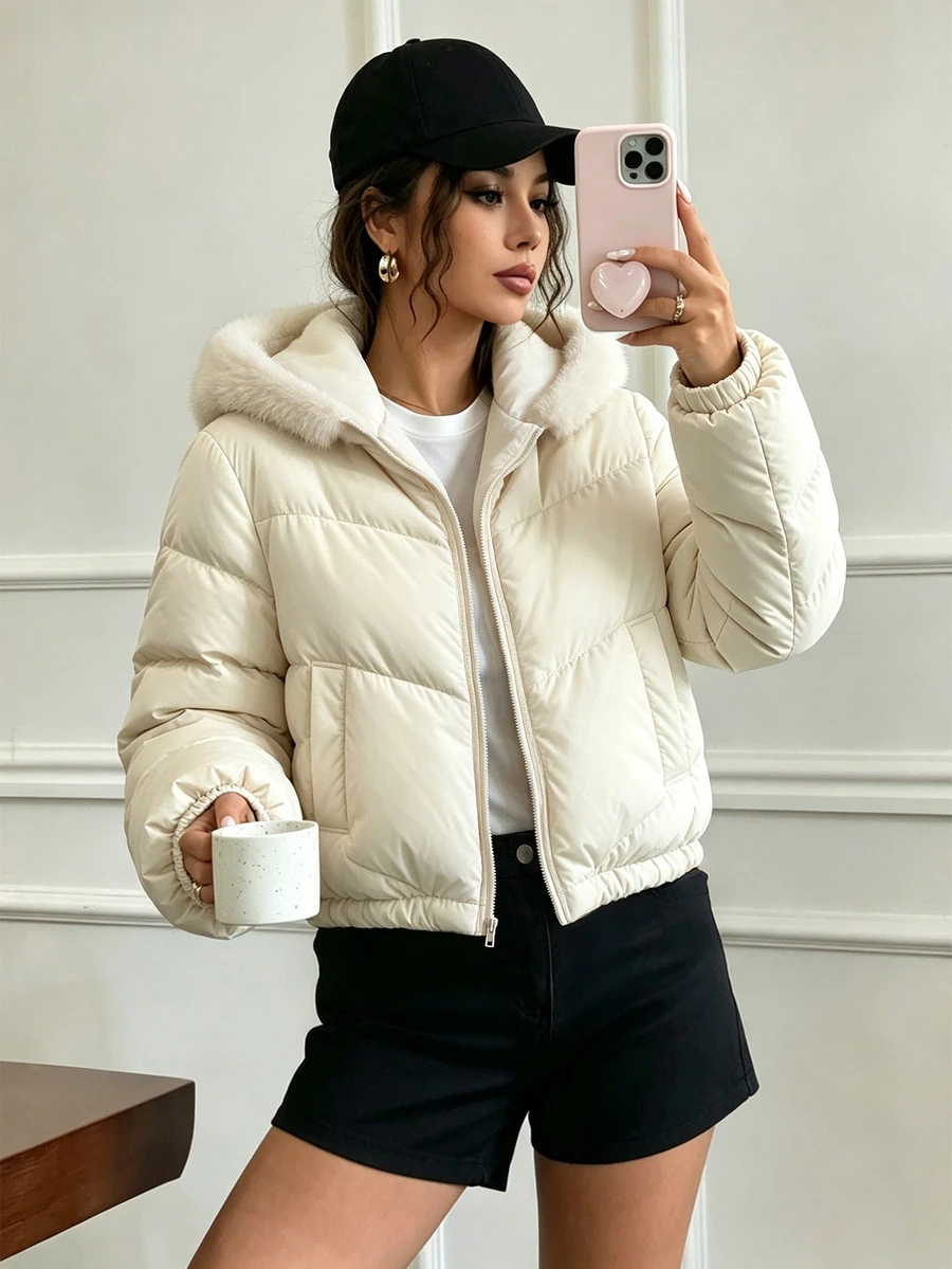 Selianne Women's Winter Single Piece Plush Hooded Diagonal Quilted Short Loose Casual Daily Commute Padded Coat With Elastic Cuffs - Apricot - View 1