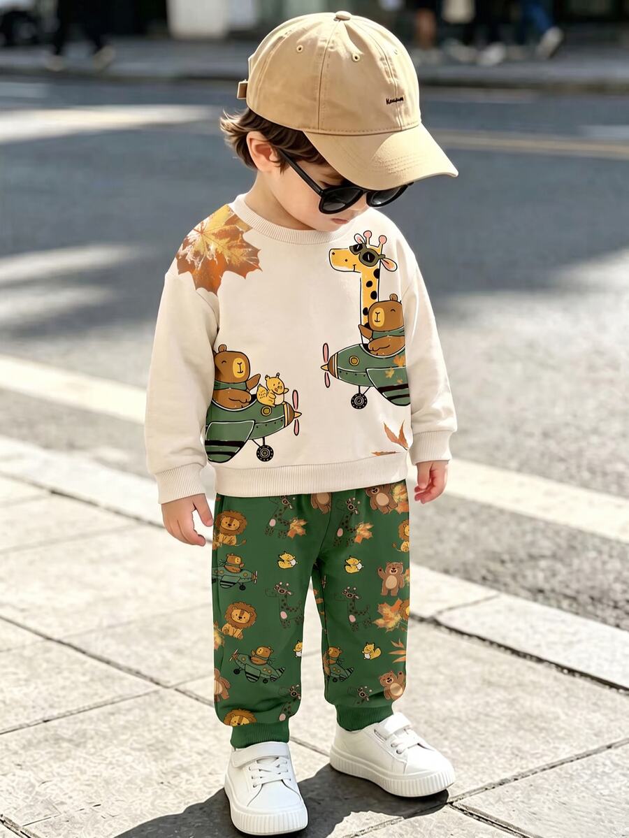Infant Toddler Round Neck Casual Comfortable Set, Classic Cute Animal Patrol Car Print, Classic Cartoon Hand-Drawn Animals, Leopard, Tiger, Giraffe, Off-Road Car Print, Suitable For Autumn/Winter - Multicolor - View 1