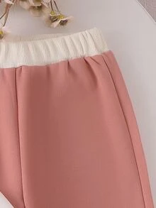 SHEIN 女童兩件套，大愛心印花領口長袖 Polo 上衣，彈性腰純色寬腿長褲，柔軟休閒面料，秋冬穿搭 - 藕粉色 - 查看 5