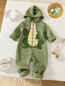 SHEIN Young Boy Casual Comfortable Cute Style Cartoon Dinosaur Design Loose Knit Soft Hooded Long Sleeve Zip-Up Jumpsuit All-Match Versatile Suitable For Home And Outings - Green - View 4