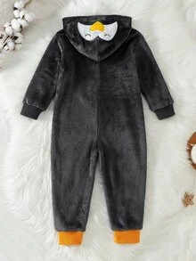 Boys Grey & White Double-Sided Flannel Colorblock Penguin Embroidered Long Sleeve Long Hooded Fleece Jumpsuit Loungewear Set - Dark Grey - View 3