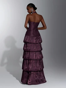 Elitara Elegant Coffee Brown Shiny Satin Stand Collar Backless Multi-Layer Ruffle A-Line Evening Gown - Coffee Brown - View 3