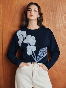 Anewsta Women's Knitted Pullover Jacquard Floral Embroidered Beaded Sweater Top - Navy Blue - View 6