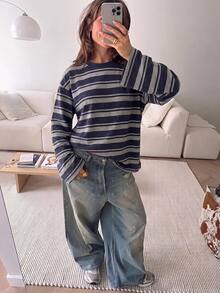 SHEIN EZwear 女款休閒街頭風長袖條紋T恤，秋季上衣，適合日常通勤、日常外出、聖誕節、新年，藍白條紋 - 彩色 - 查看 5