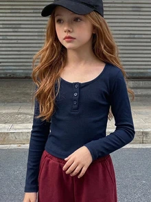 Hapijoa Tween女孩黑色修身長袖半鈕扣前襟內搭圓領T恤，秋季 - 藏蓝色 - 查看 4