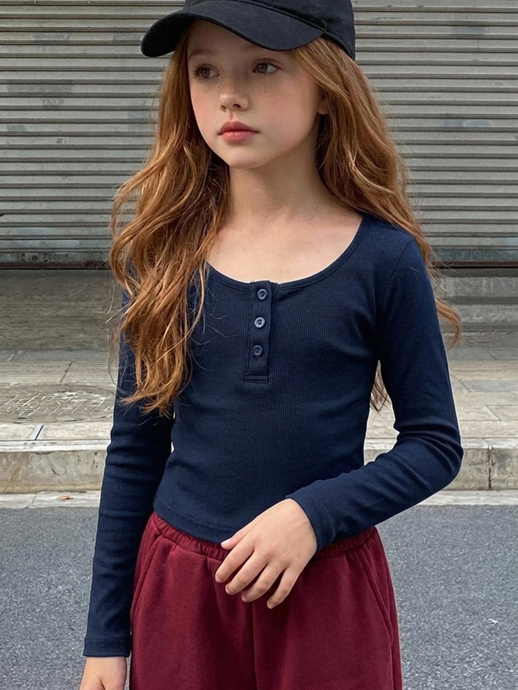 Hapijoa Tween Girl) Black Fitted Long Sleeve Half-Button Front Inner Layer Crew Neck T-Shirt, Autumn - Navy Blue - View 4