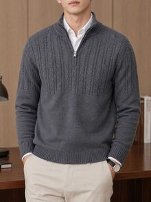 Claim Dot 歐美新博主風時尚設計成熟休閒男士拉鍊半開襟休閒針織上衣，深灰色，適合辦公工作，秋季 - 彩色 - 查看 4
