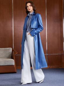 Anewsta Essential Autumn/Winter Premium PU Leather Oversized Lapel Silhouette Blue Tone Trench Coat - Blue - View 6