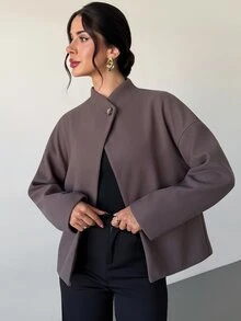 Firerie Women's Autumn/Winter New Loose Long Sleeve Overcoat, Coffee Grey Solid Color Drop Shoulder Fashion Streetwear Versatile Wool Loose Coat, Suitable For Daily Commute And Home Wear - Grey - View 3