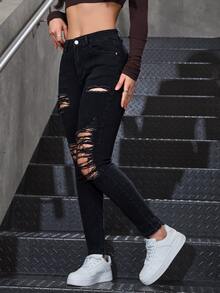 SHEIN CURVE+ Plus Size Solid Color Washed Distressed Slim Fit Skinny Jeans - Black - View 5