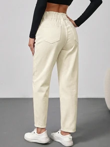 SHEIN Tall 女款荷葉邊腰頭口袋休閒錐形牛仔褲 - 杏色 - 查看 6