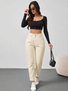SHEIN Tall 女款荷葉邊腰頭口袋休閒錐形牛仔褲 - 杏色 - 查看 2