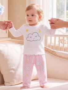 Baby Girl Round Neck Contrast Color Frill Trim Cloud & Star Print Ribbed Top With Ribbed Matching Print Pants Loungewear Set - Multicolor - View 7