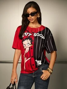 Betty Boop x SHEIN تي شيرت نسائي بأكمام قصيرة مطبوع عليه حروف رسومية - الأحمر - مشاهدة 5
