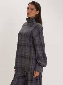 MUSEYN Grey Check Print High Neck Long Sleeve Oversized Top Versatile Everyday Casual Fall - Multicolor - View 4