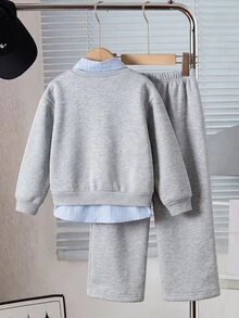SHEIN 女童海軍藍 2 合 1 條紋領半開扣長袖衛衣 + 直筒寬腿褲 2 件套，休閒學院風拼色運動服套裝，適合日常上學、外出、校園休閒穿著 - 彩色 - 查看 2