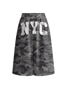 ROMWE Grunge Punk Women's Casual Camouflage Slogan Print Mid-Length Pants - Grey - View 1